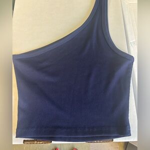 Navy Blue Ribbed one shoulder cropped Top